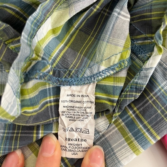 PRANA Green Blue Plaid Short Sleeve Pearl Snap Mens Size Small Organic Cotton - Picture 8 of 10